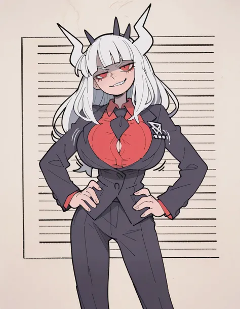masterpiece, ultra-HD, impressionism, high detail, best quality, very aesthetic, 8k, best quality, beautiful, tmchng, 1girl, lucifer (helltaker), skinny , horns, white hair, long hair, blunt bangs, huge breast , red eyes , eyes liner , business suit, black...