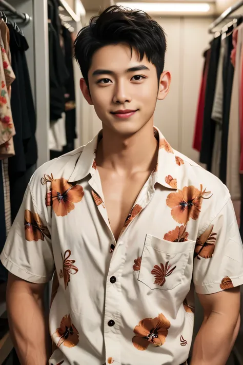 18-year-old male、Japanese、handsome guys、Macho、short hair、 apparel clerk、Hawaiian shirt、Smile Yan
