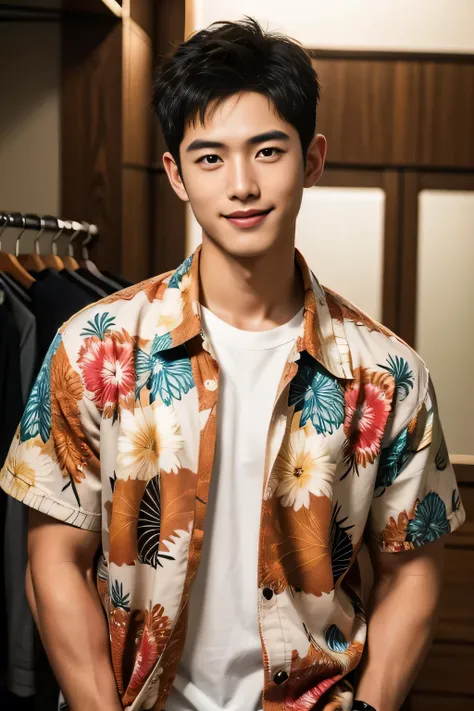 18-year-old male、Japanese、handsome guys、Macho、short hair、 apparel clerk、Hawaiian shirt、Smile Yan
