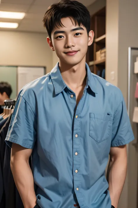 18-year-old male、Japanese、handsome guys、Macho、short hair、 apparel clerk、Hawaiian shirt、Smile Yan