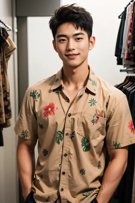 18-year-old male、Japanese、handsome guys、Macho、short hair、 apparel clerk、Hawaiian shirt、Smile Yan