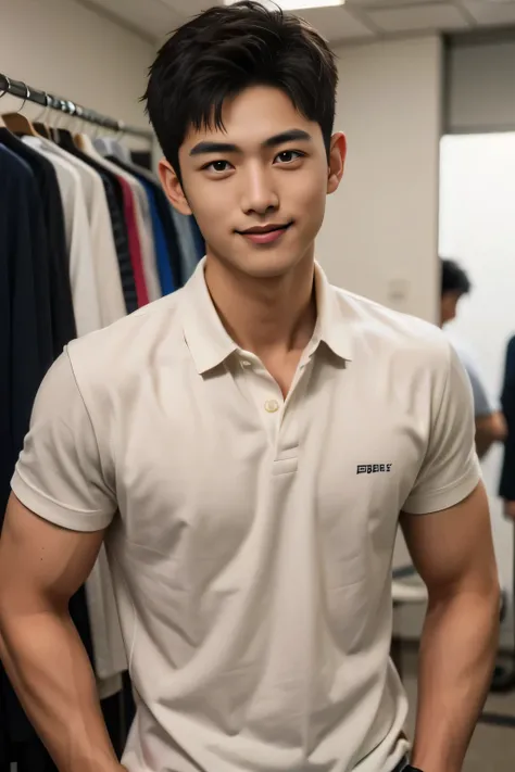 18-year-old male、Japanese、handsome guys、Macho、short hair、 apparel clerk、polo shirt、Smile Yan