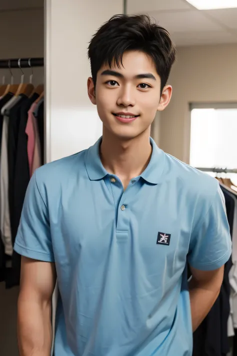 18-year-old male、Japanese、handsome guys、Macho、short hair、 apparel clerk、polo shirt、Smile Yan