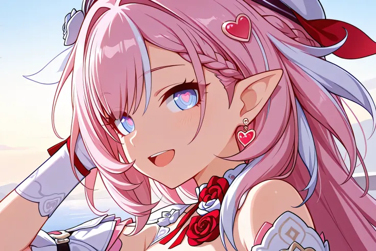 masterpiece , best quality , ultra-detailed , very aesthetic , vibrant , perfect face , 2d , perfect eyes , detailed eyes , 1girl , solo ,standing , looking at viewer ,smile , elysia (honkai impact) , long hair, Pink Hair, braid , streaked hair , white str...