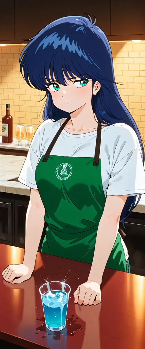 (beautiful girl: 1.3),Highest quality,8k,Highly detailed CG unit wallpaper,masterpiece:1.2,top-quality,Ultra-high resolution,RAW Photos,real texture skin,Cinema Lighting,Shiny light hair,coffee shop counter,MadokaAyukawa,1girl,blue hair,long hair,green ey...