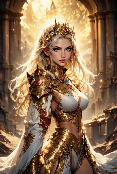 a beautiful lady with golden colour  eyes and long blonde hair, wearing a battle gown gold and white colour, strictly top to bottem picture