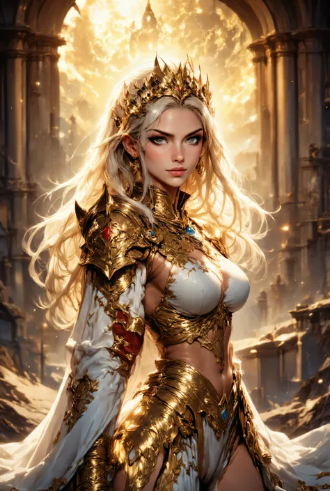a beautiful lady with golden colour  eyes and long blonde hair, wearing a battle gown gold and white colour, strictly top to bottem picture