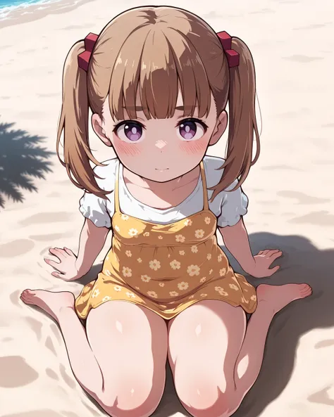 masterpiece, best quality, newest, small breasts, childbody1, child1, blush, shiori kobayakawa,brown hair,short twintail,purple eyes,hair ornament, yellow dress,white shirt,floral print, tiny girl, 120 cm tall, thick thighs, chubby thighs,  sitting, wariza...