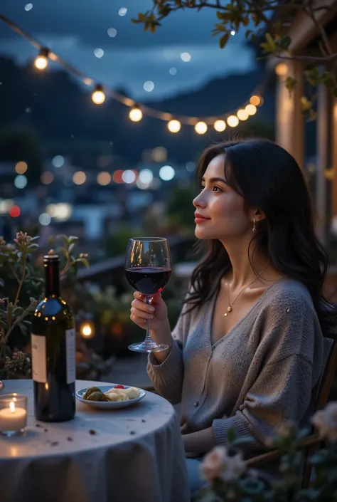 
A woman is seated at a patio table outdoors at night, holding a glass of red wine and smiling softly as she looks out towards a softly lit cityscape. The setting is a cozy, ambiently lit patio or balcony, with string lights or subtle lanterns providing a ...