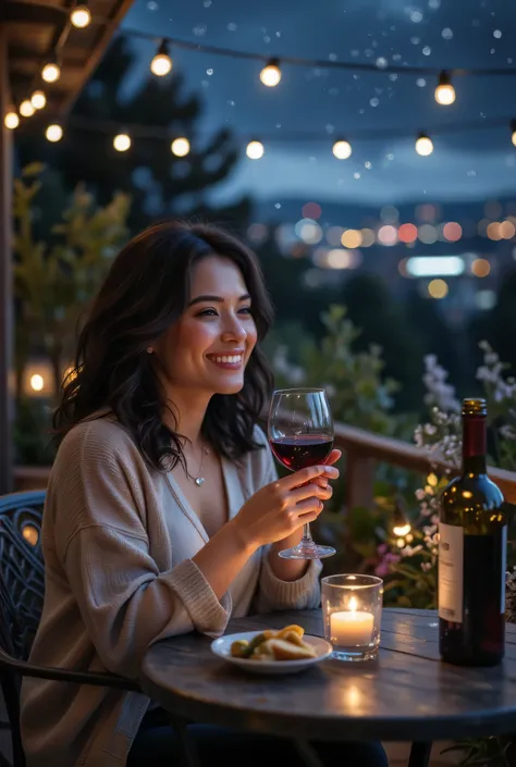 
A woman is seated at a patio table outdoors at night, holding a glass of red wine and smiling softly as she looks out towards a softly lit cityscape. The setting is a cozy, ambiently lit patio or balcony, with string lights or subtle lanterns providing a ...