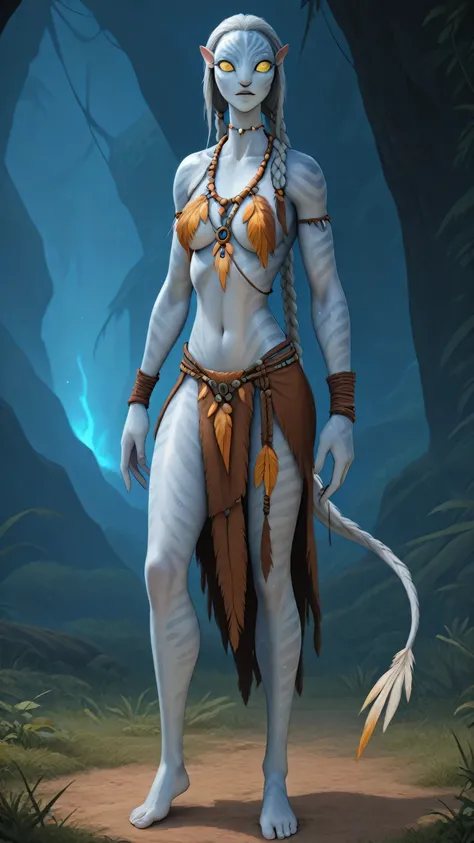 A stunning alien woman. She has luminous pure white skin with a soft bioluminescent glow along her cheekbones and collarbones, long flowing silver hair with braids, and large opalescent eyes with vertical pupils. She has a slender & very tall body with elo...