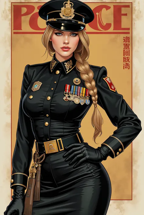 the proportions and detailed textures multicolor brushwork and softened with airbrush, semi-realistic ink china illustration of a strong and beautiful young girl in a steampunk style police uniform and epic fantasy (full body pose, with a confident and dar...
