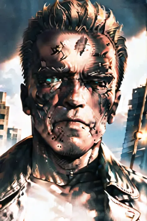 Can you draw facial expressions even more delicately,dark background，There are,Terminator soldiers have lots of rifles in the ruined city，staring at me、  I want you to take a picture of your whole body   ，There are a lot of skeletal robots in the ruined ci...