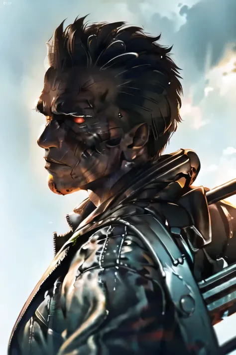 Can you draw facial expressions even more delicately,dark background，There are,Terminator soldiers have lots of rifles in the ruined city，staring at me、  I want you to take a picture of your whole body   ，There are a lot of skeletal robots in the ruined ci...