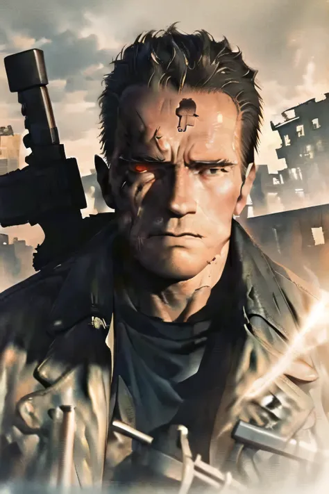 can you draw facial expressions more delicately,dark background，There are,Terminator soldiers have lots of rifles in the ruined city，stare at me、  take a full body photo   ，There are lots of skeleton robots in the ruined city