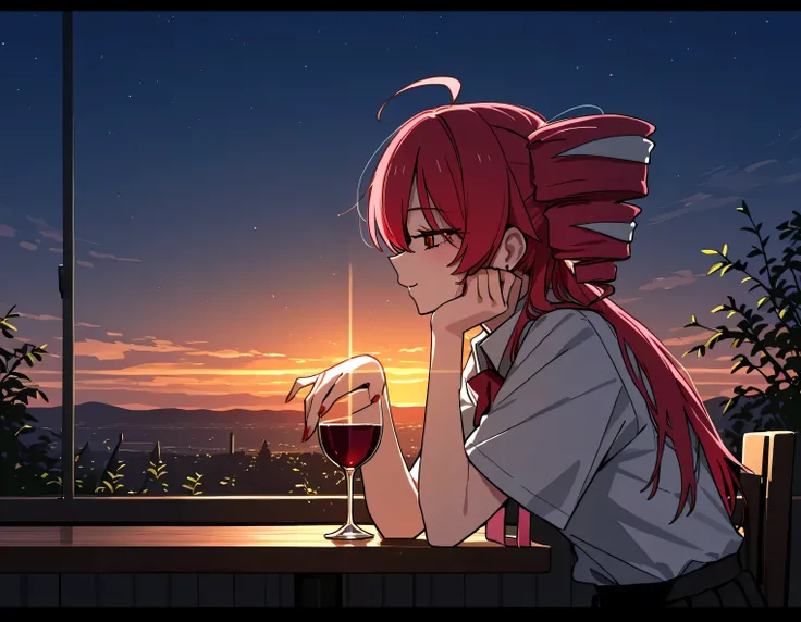 jitsune teto　Night sky where nature spreads　drink with wine　backlit　The body is horizontal
