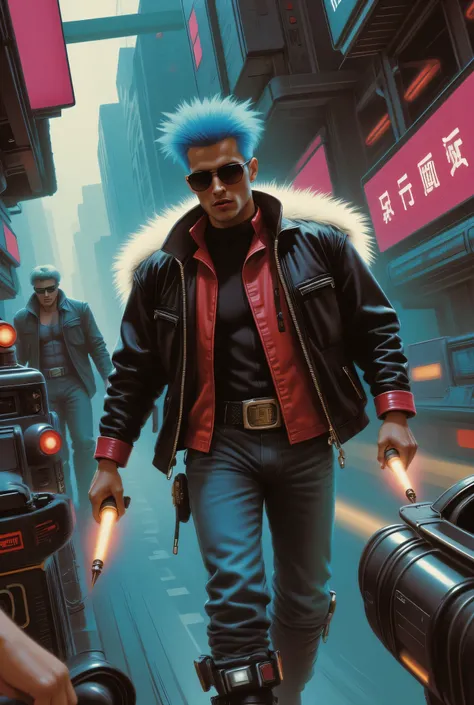 Cyberpunk theme scene involving a panic man in leather jacket and cybernetic face running away from a group of gangsters with laser guns, multiple lasers are shooting beside him as he runs down a chaotic street. the panic man run while turning his head to ...