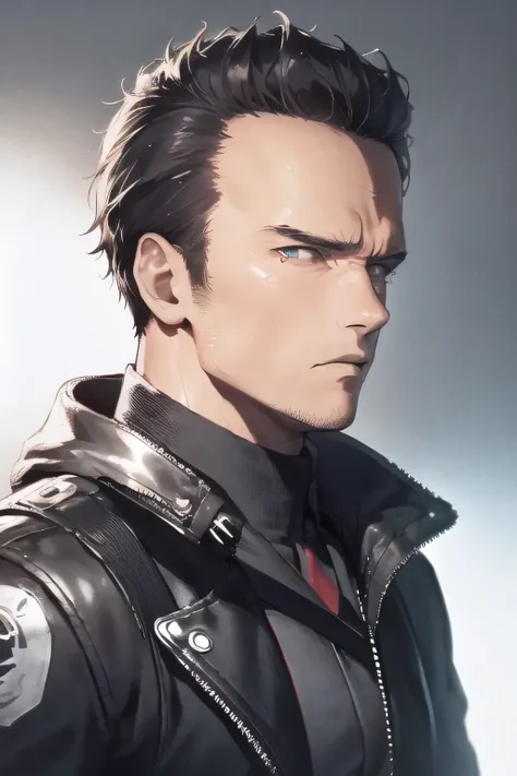 Face without damage,can you draw more delicate expressions,dark background，,The temple々can you draw a clear expression of the Terminator soldier,40 years old，Dark Haired Man,