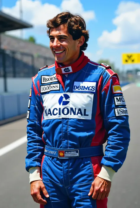 Ayrton Senna,Brazil🇧🇷,f1 driver、〜1994、Can you draw a racing suit that is blue overall and only white on the chest,I'm standing on the paved road of the circuit,，,full body portrait，laughing，I'm watching the circuit,facial expression is the top priority, so...