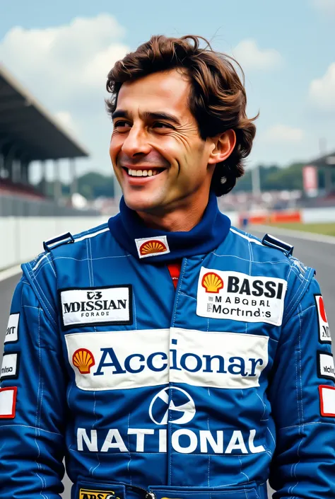 Ayrton Senna,Brazil🇧🇷,f1 driver、〜1994、Can you draw a racing suit that is blue overall and only white on the chest,I'm standing on the paved road of the circuit,，,full body portrait，laughing，I'm watching the circuit,facial expression is the top priority, so...