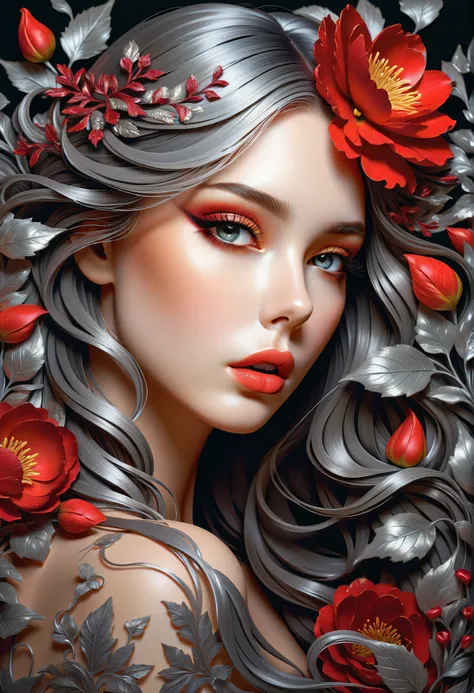 Highly detailed digital pattern with acrylic and chalk is a surreal and elegant portrait of a beautiful European woman, her calm and recessed face comes from a dark background that gradually turns white. Her hair flows smoothly into a cascade of complex fl...