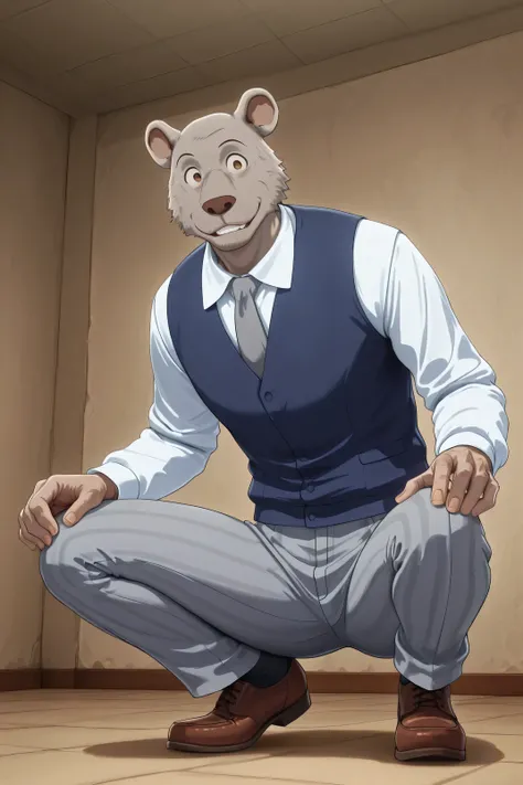 absurd result, best quality, alta calidad, detailed,  , wide shoulders, Mature man, tiny brown eyes, athletic build, musculvery hombre,  round ears , very, polish, Grey body, gray school pants with stripes ,Blue vest, white long sleeve shirt, gray tie, whi...