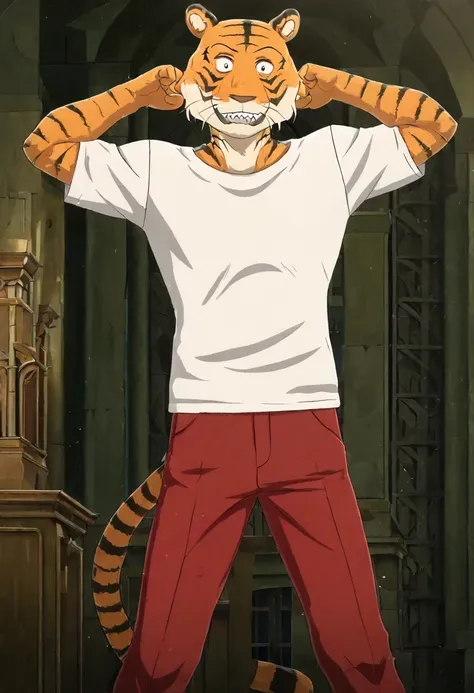 masterpiece, best quality, amazing quality, very aesthetic, absurdres, newest,  high quality, detailed, BillBeastars, 1boy, male, anthro, bengal tiger, broad shoulders, brown eyes, muscular male, athletic build, orange fur, black stripes, sharp teeth, whit...