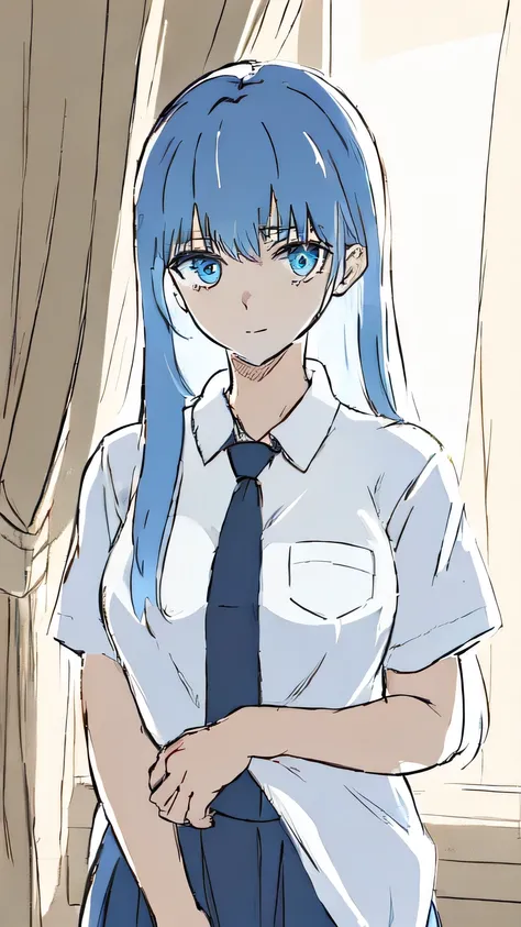 1 girl ,20s,Adult,        White shirt        ,Short sleeve,( black standard tie),White School Dress,(Dark Blue Hair)(long hair)(Royal sister),beautiful woman，Hardworking and responsible，       Polite       ，Looking quietly into the camera，Heartwarming     