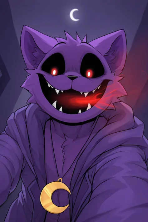 Highest Quality, masterpiece,solo, Super Detailed, Purple Cat Beastman, Male, face close-up, Eyes full of madness, disheveled purple coat,  crazy smile,A smile with fangs peeking out slightly, crescent moon necklace soars through the air,  rough breathing,...
