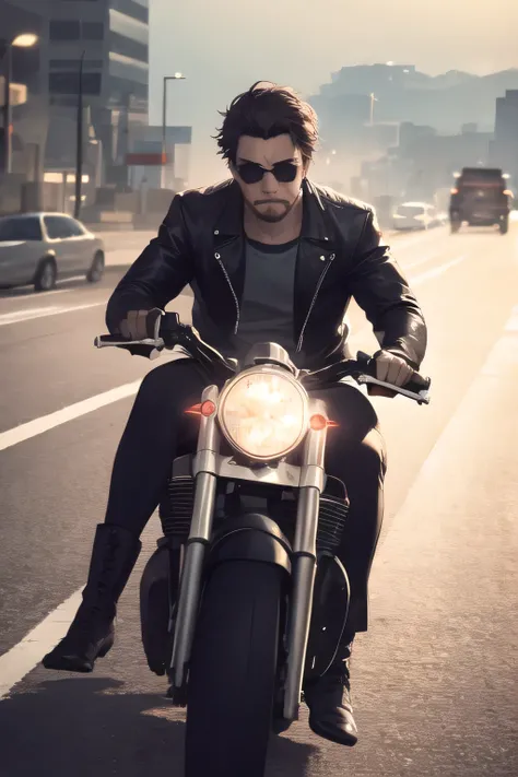 A suburb of Los Angeles,draw a man in a black leather jacket riding a Harley Davidson,dark haired，sunglasses,boots，gray shirt,I have a shotgun， Sunny，Face without damage,draw a more delicate expression,dark background，,An even more dignified expression，I'm...