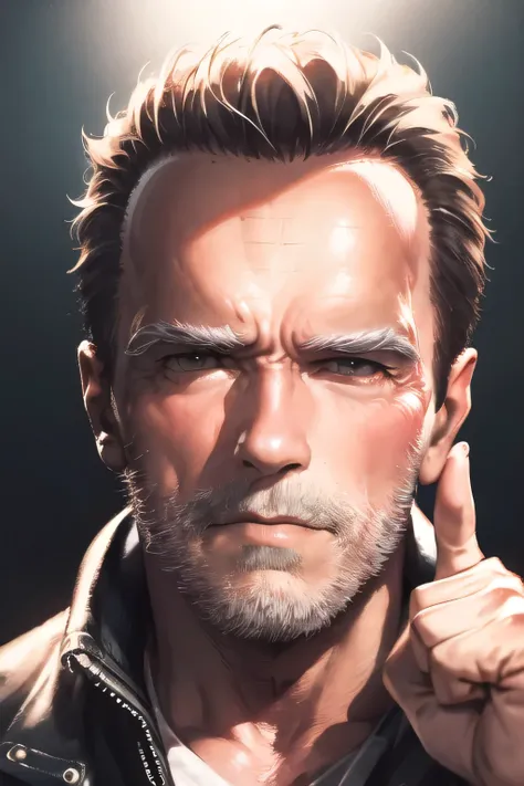Face without damage,can you draw a more delicate expression,dark background，,can you draw a clear expression of the Terminator soldier,50 years old，dark haired man,The man in the black leather jacket,can you draw a thumb up pose,