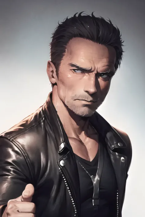 Face without damage,Please draw a more delicate expression,dark background，,Please draw a clear expression of the Terminator soldier,50 years old，dark haired man,A man in a black leather jacket,can you draw a thumb up pose,No forehead damage,
