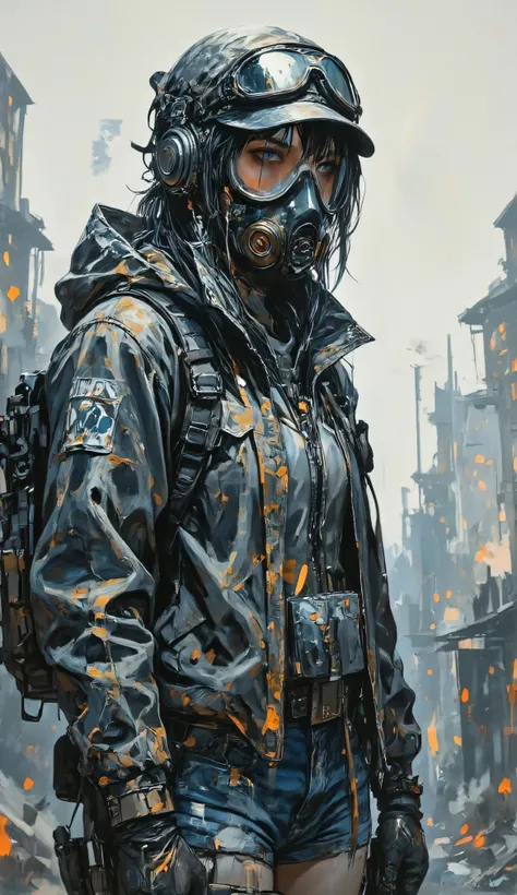 high quality,4K,Super Detail,Realistic,Cinematic photo style,1 girl,alone,Long hair, glare lens , Blue Eyes ,dark hair color,hat,jacket, vest,Denim Shorts,full body紋身,full body,gas mask,earphone, from bottom to top view,Natural Lighting,outdoor scene,detai...