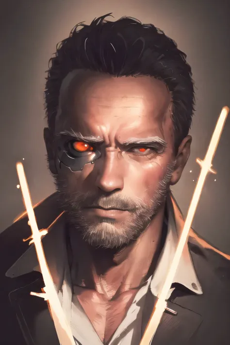 Face without damage,can you draw a more delicate expression,dark background，,can you draw a clear expression of the Terminator soldier,50 years old，dark haired man,half of his face is silver,Can you draw a man with a metal skeleton whose eyeballs glow red,