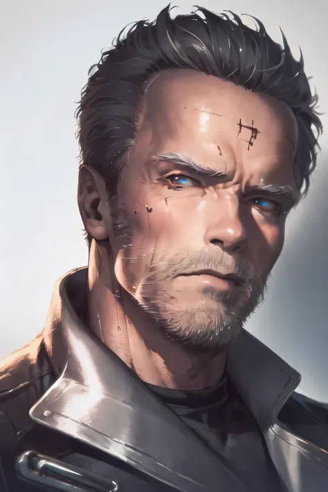 Face without damage,Please draw a more delicate expression,dark background，,draw a clear expression of the Terminator soldier,50 years old，dark haired man,Half of his face is silver,can you draw a man with a metal skeleton whose eyeballs glow red,