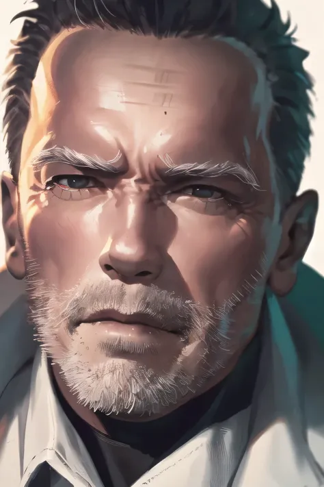Face without damage,Please draw a more delicate expression,dark background，,draw a clear expression of the Terminator soldier,50 years old，dark haired man,Half of his face is silver,can you draw a man with a metal skeleton whose eyeballs glow red,
