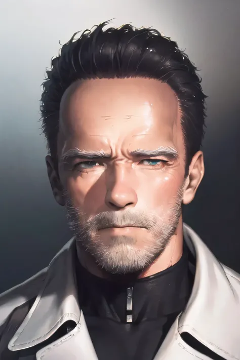 Face without damage,Please draw a more delicate expression,dark background，,can you draw a clear expression of the Terminator soldier,50 years old，dark haired man,Half of his face is silver,Can you draw a man whose、eyeballs glow red with a metal skeleton,