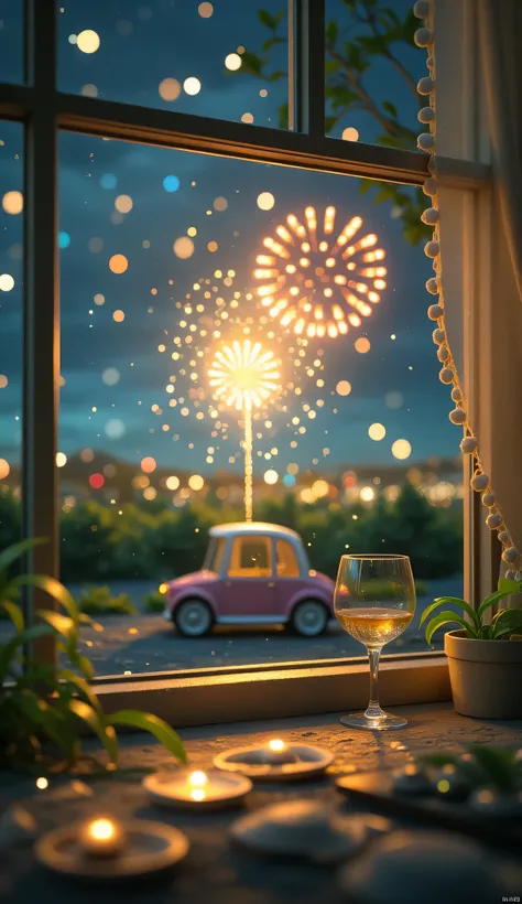 Watching fireworks while drinking wine,Scenery Seen Through a Window,Windowside with fireworks visible、high quality realistic 3d rendering,precise texture,Sparkling night view,Deep Colors,sophisticated composition,Charming Atmosphere,Delicate Details,Exqui...
