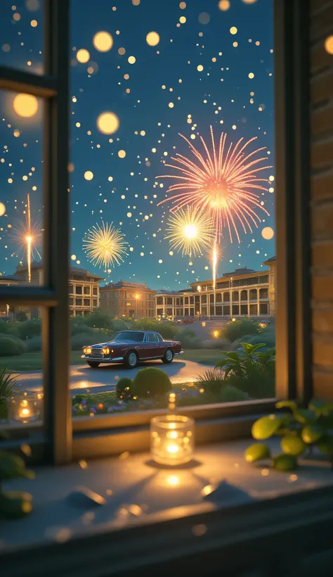 Watching fireworks while drinking wine,Scenery Seen Through a Window,Windowside with fireworks visible、high quality realistic 3d rendering,precise texture,Sparkling night view,Deep Colors,sophisticated composition,Charming Atmosphere,Delicate Details,Exqui...