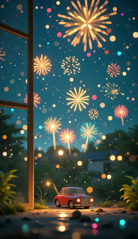 Watching fireworks while drinking wine,Scenery Seen Through a Window,Windowside with fireworks visible、high quality realistic 3d rendering,precise texture,Sparkling night view,Deep Colors,sophisticated composition,Charming Atmosphere,Delicate Details,Exqui...