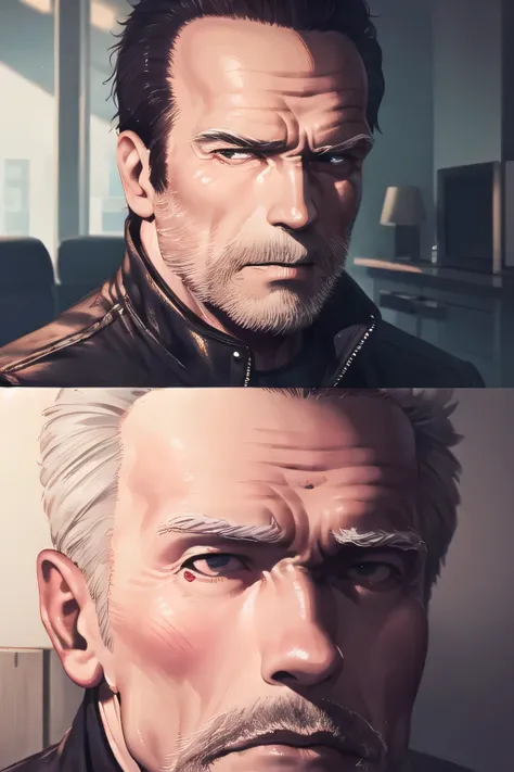 Can you draw a clear expression on an undamaged face,please draw a more delicate expression,dark background，,Terminator Soldier,50 years old，Dark Haired Man性,Half of his face is silver,can you draw a man with a metal skeleton whose eyeballs glow red,Dark H...