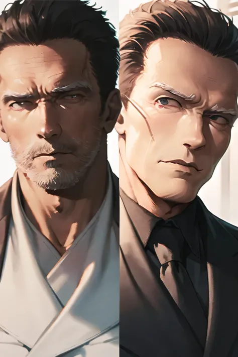 can you draw a clear expression of an unblemished face,please draw a more delicate expression,dark background，,can you draw Terminator Soldier,50 years old，dark haired man性,Half of his face is silver,Can you draw a man whose、eyeballs glow red with a metal ...