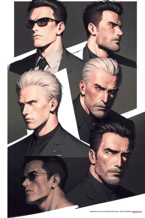 can you draw a clear expression of an unblemished face,please draw a more delicate expression,dark background，,can you draw Terminator Soldier,50 years old，dark haired man性,Half of his face is silver,Can you draw a man whose、eyeballs glow red with a metal ...