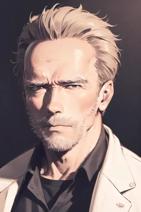 Can you draw a clear expression on an undamaged face,can you draw a more delicate expression,dark background，,can you draw a clear expression of the Terminator soldier,50 years old，dark haired man,