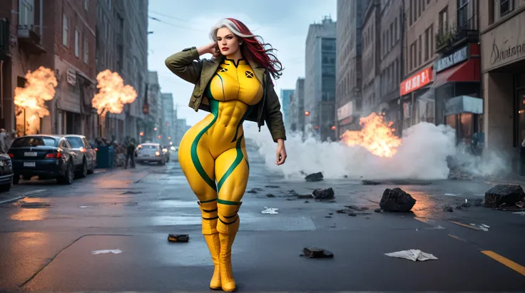 1girl, 35mm masterpiece, best quality, super high resolution photorealistic bokeh shot of xmen_rogue, long red hair with white streak flowing in the wind, thin waist but very muscular build, intricate facial details, hyper detailed, large breasts, huge ass...
