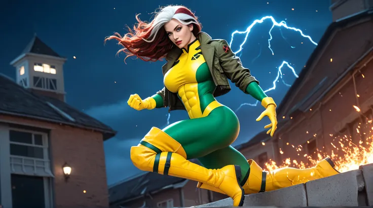 1girl, 35mm masterpiece, best quality, super high resolution photorealistic bokeh shot of xmen_rogue, long red hair with white streak flowing in the wind, thin waist but very muscular build, intricate facial details, hyper detailed, large breasts, huge ass...