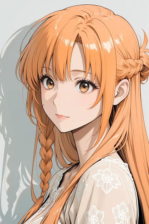 1girl, Yuuki Asuna, long hair, orange blond hair, ((hazel eyes)), straight bangs, side braid half updo, solo, soft curves, real light and shadow, beautiful detailed face, intricate details, masterpiece, best quality