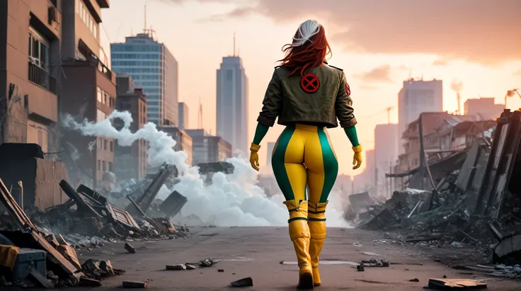 Rogue from X-Men, seen from behind, walking slowly down the cracked, battle-damaged city street at dusk, smoke and fire glowing softly in the distance. Her cropped green jacket sways gently as she moves, revealing the contours of her glossy green and yello...