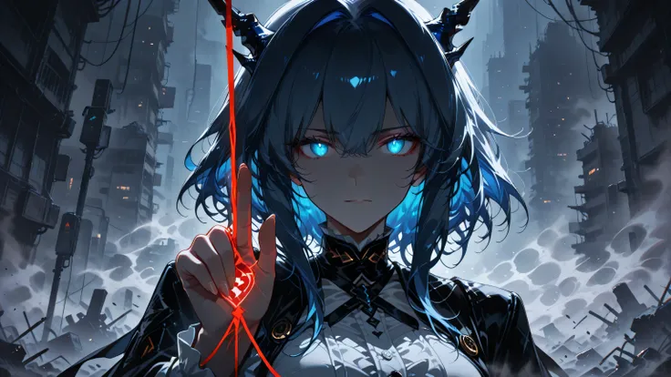 masterpiece, one girl, black medium hair, short cut, blue inner hair, asian, blue eyes, dragon horn, glowing eyes. there is sadness in her eyes, but having resolution(decision) in her heart. closer shot, portrait.
wearing the same outfit that the character...