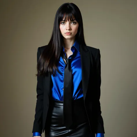 A realistic, high resolution photograph of a beautiful young Caucasian woman full body frontal view facing the camera with her arms at her sides looking at the camera. There is extra space in the photo above her head. She has a lithe, fashion model, figure...